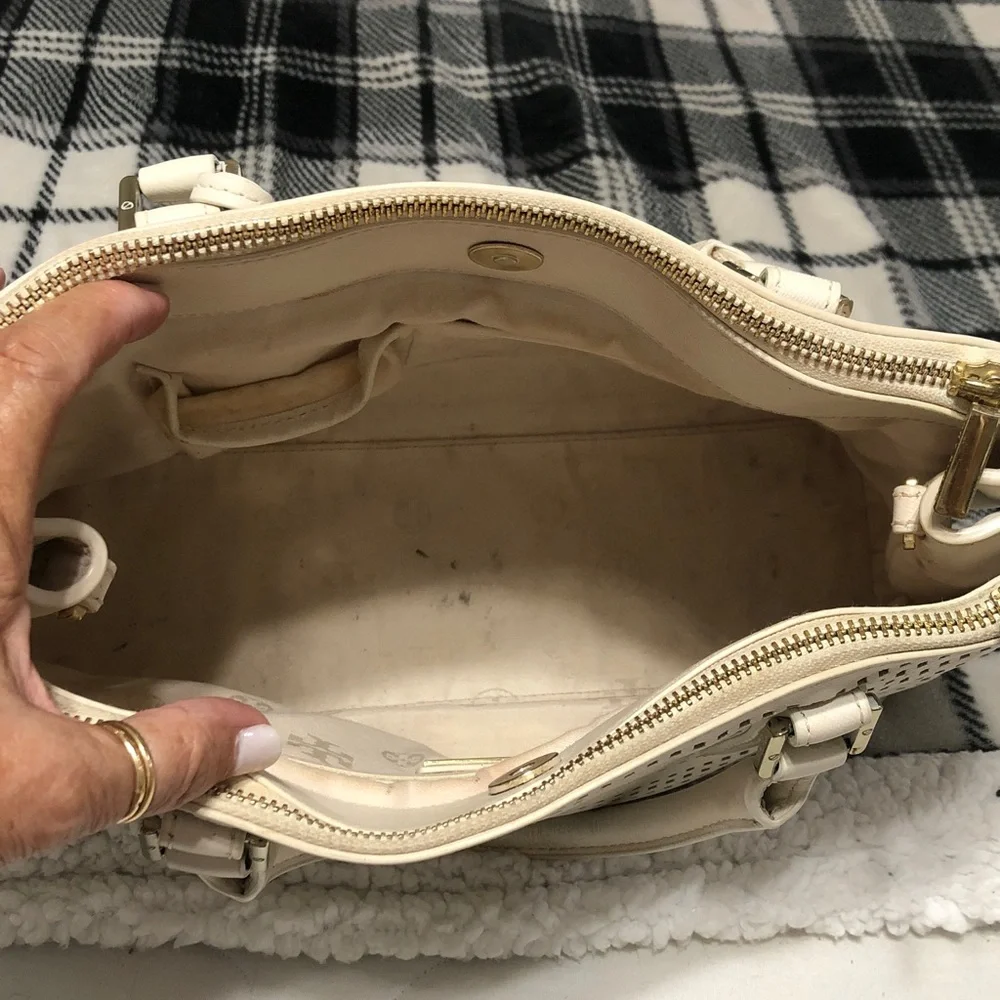 Tory Burch White Perforated Leather Tote with Gold Logo